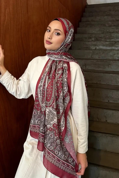 FLORA TEKSTİL Retro Desen Pamuk Şal Bordo ürün görseli