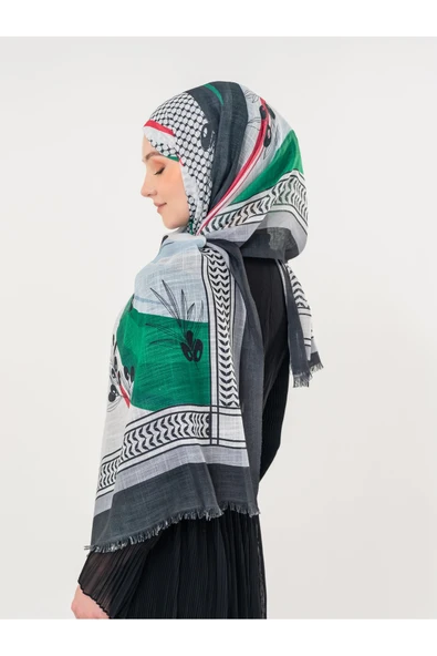 İSTANBULSTYLEMODA Filistin Şal Kefiye Zaytin Ve Filistin Bayrak Baskılı Kareli Kadın Şal Afl2364 - Resim 3