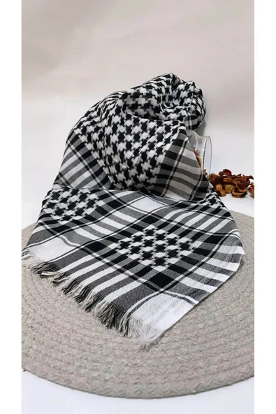 İSTANBULSTYLEMODA Pamuklu Puşi , Poşu, Kefiye Beyaz Şal 100x100 Afl2364 - Resim 4