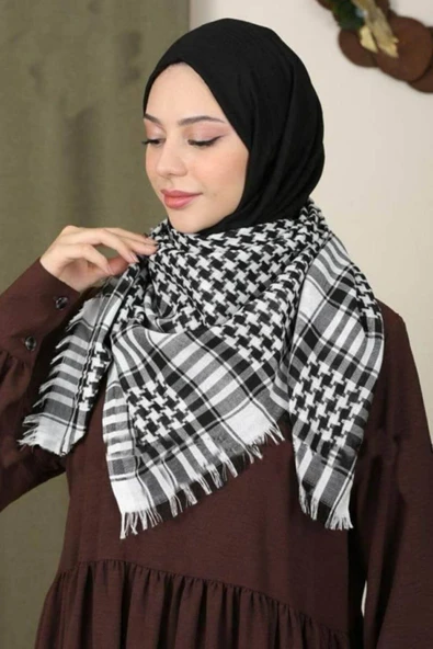 İSTANBULSTYLEMODA Pamuklu Puşi , Poşu, Kefiye Beyaz Şal 100x100 Afl2364 - Resim 2