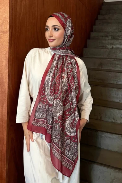 FLORA TEKSTİL Retro Desen Pamuk Şal Bordo - Resim 2
