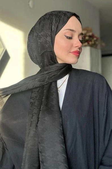 FLORA TEKSTİL Kazayağı Desen Ipeksi Siyah Jakar Şal - Abiye Şal 180x 70 Jkr24147 - Resim 2