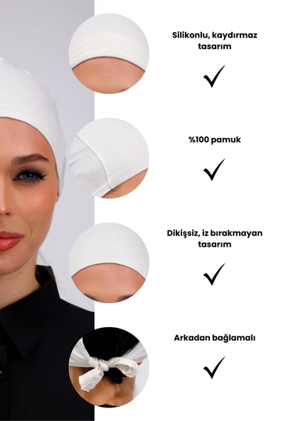 LA SEFA Kadın Pratik Dikişsiz Bağcıklı Tesettür Penye Bone-Beyaz - Resim 4