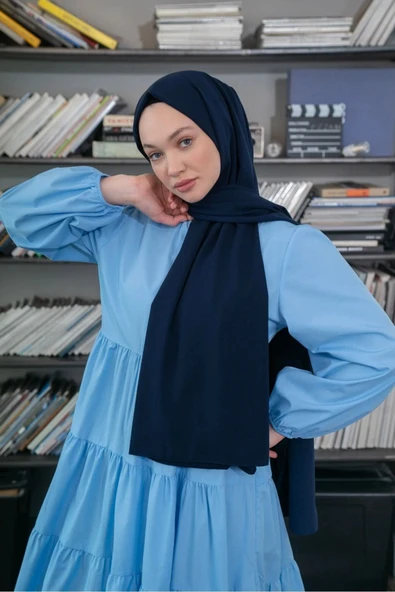 İSTANBULSTYLEMODA Kaliteli Medine Ipeği Şal Lacivert 190 X70 Sal2306 - Resim 3