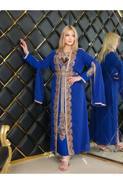 Modamix 2li Takım DETAYLI Kemerli Dantelli Kaftan Abiye Elbise - 4112 - Resim 2