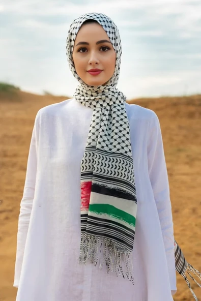 İSTANBULSTYLEMODA Filistin Puşi Desen Uzun Saçaklı Paşmina Şal - Çok Renkli FLR24315 ürün görseli