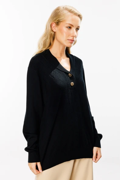 45343 ONTEKS YAKASI DÜĞMELİ KAPUŞONLU KAZAK - Resim 3