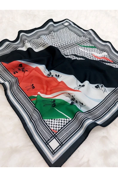 İSTANBULSTYLEMODA ZEYTİN DALI VE FİLİSTİN TEMALI FULAR Şal 50x50 Kaymaz Krep Canlı Renkler - Resim 3