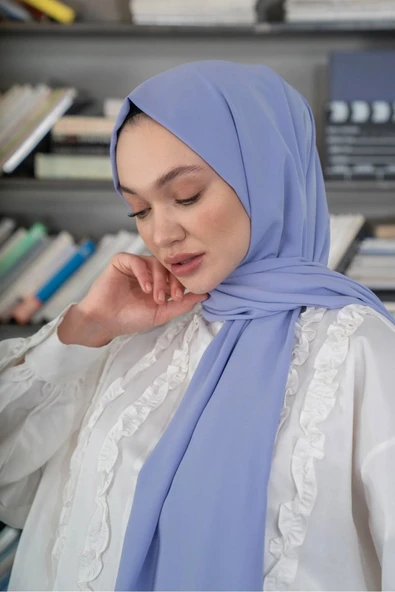 İSTANBULSTYLEMODA Kaliteli Medine Ipeği Şal Yaban Mersini Mavi 190 X70 Sal2306 - Resim 3