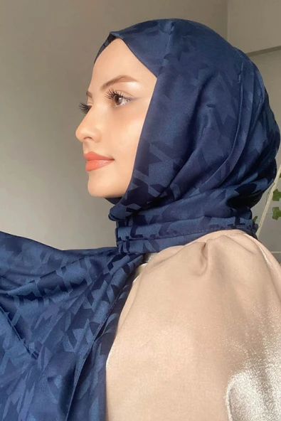 FLORA TEKSTİL Kazayağı Desen Ipeksi Lacivert Jakar Şal - Abiye Şal 180x 70 Jkr24147 - Resim 2