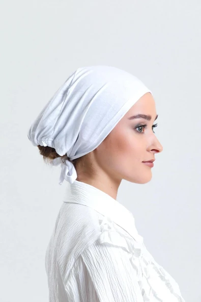 LA SEFA Kadın Pratik Dikişsiz Bağcıklı Tesettür Penye Bone-Beyaz - Resim 3