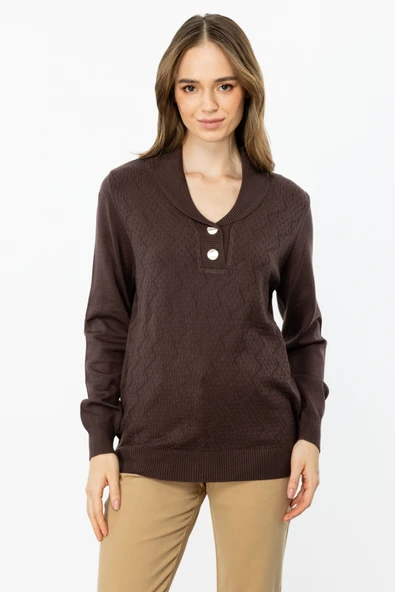 45343 ONTEKS YAKASI DÜĞMELİ KAPUŞONLU KAZAK - Resim 5