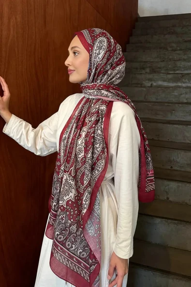 FLORA TEKSTİL Retro Desen Pamuk Şal Bordo - Resim 3