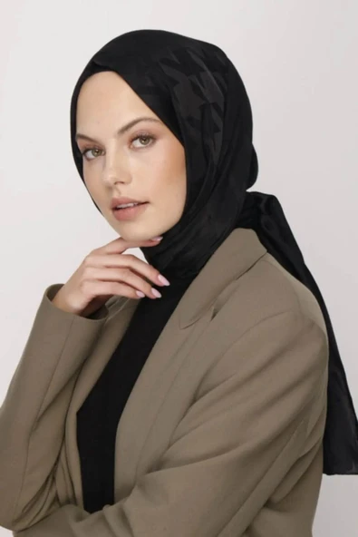 FLORA TEKSTİL Kazayağı Desen Ipeksi Siyah Jakar Şal - Abiye Şal 180x 70 Jkr24147 - Resim 5