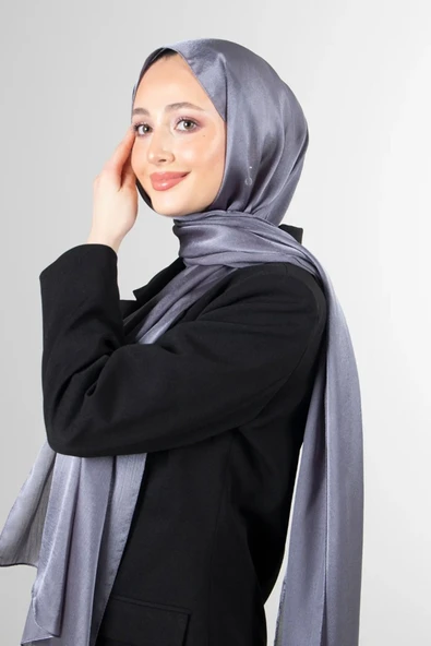 İSTANBULSTYLEMODA Janjan Trend Parlak Saten Dokulu Abiye Şifon Işıl Şal Füme Gri 185 X 70 Şal2315 - Resim 5