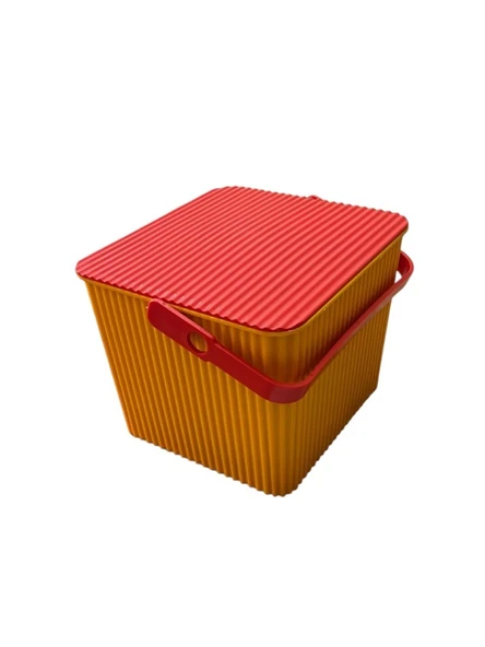 Sarı - Kırmızı, Kare Tırtıklı Plastik Temizlik Kovası – Saplı, Taşınabilir, Oyuncak Kovası, Saksı 11 Litre - Resim 3