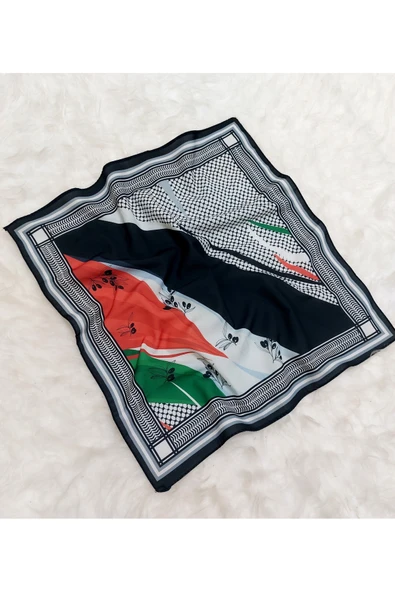 İSTANBULSTYLEMODA ZEYTİN DALI VE FİLİSTİN TEMALI FULAR Şal 50x50 Kaymaz Krep Canlı Renkler - Resim 4