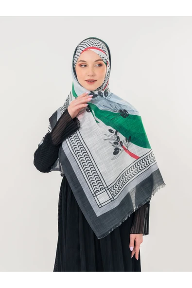 İSTANBULSTYLEMODA Filistin Şal Kefiye Zaytin Ve Filistin Bayrak Baskılı Kareli Kadın Şal Afl2364 - Resim 6