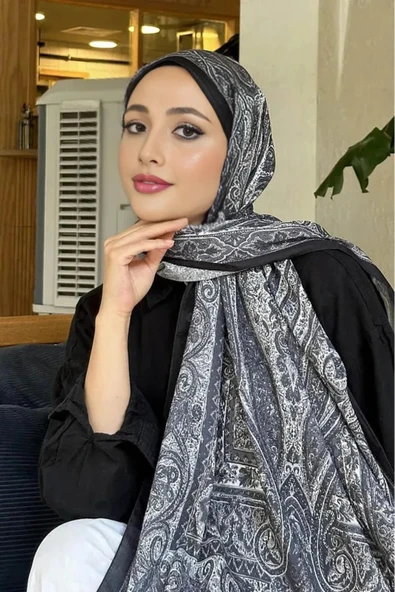 FLORA TEKSTİL Retro Desen Pamuk Şal Siyah Vizon - Resim 2