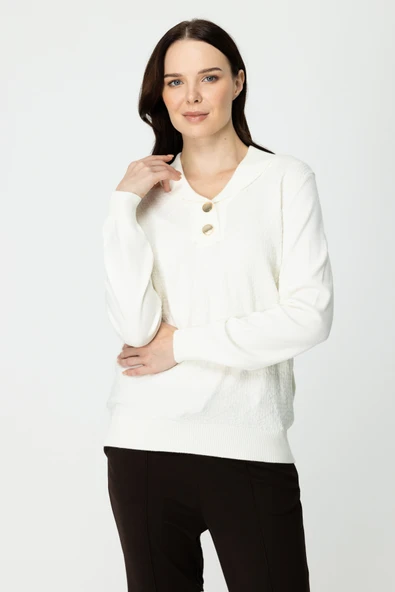 45343 ONTEKS YAKASI DÜĞMELİ KAPUŞONLU KAZAK - Resim 8