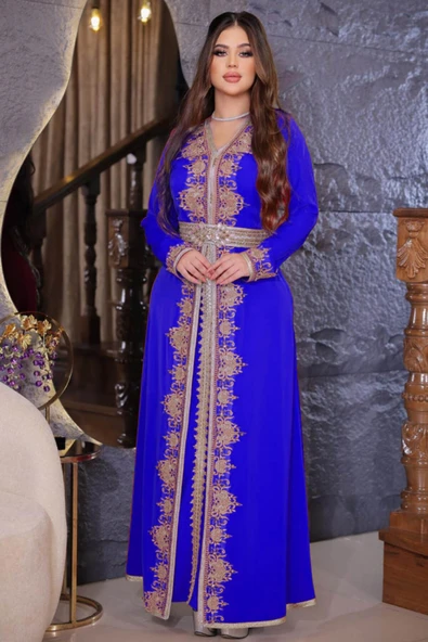 FLORA TEKSTİL GOLD NAKIŞLI DANTEL işlemli Kaftan Abiye Elbise 2Lİ TAKIM- KFT411403 ürün görseli