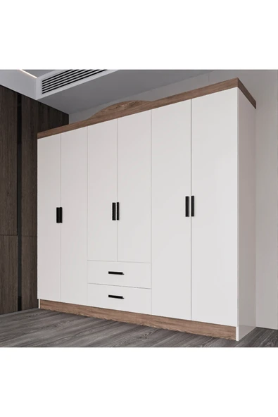 AYMOBSAN Bianca 6 Kapılı 2 Çekmeceli Gardrop Geniş Dolap & Elbise Dolabı Atlantik Çam & Beyaz - Resim 3