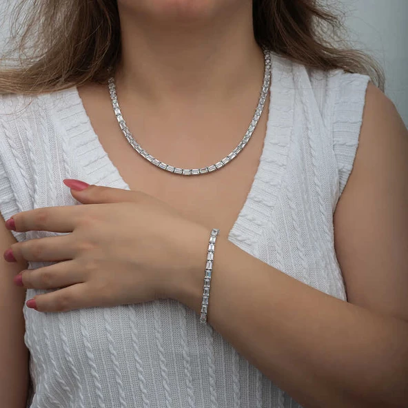 Gümüş Beyaz Taşlı Su Yolu Kadın Set - Resim 4