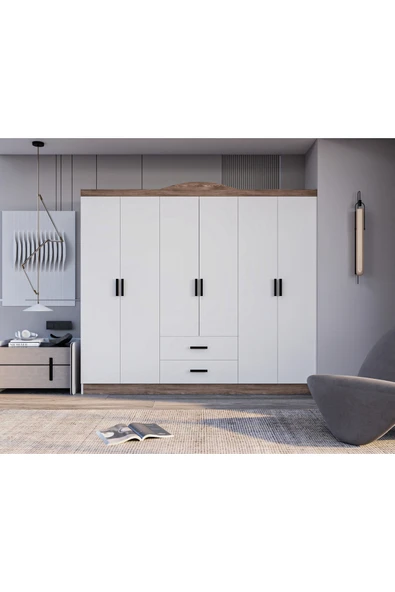 AYMOBSAN Bianca 6 Kapılı 2 Çekmeceli Gardrop Geniş Dolap & Elbise Dolabı Atlantik Çam & Beyaz ürün görseli
