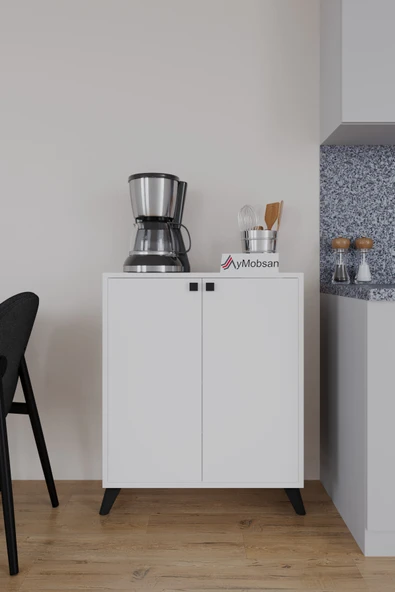 AYMOBSAN Seren 2 Kapaklı 4 Raflı Boy Dolabı Çok Amaçlı Dolap Kiler Dolabı Mutfak Dolabı Beyaz - Resim 2