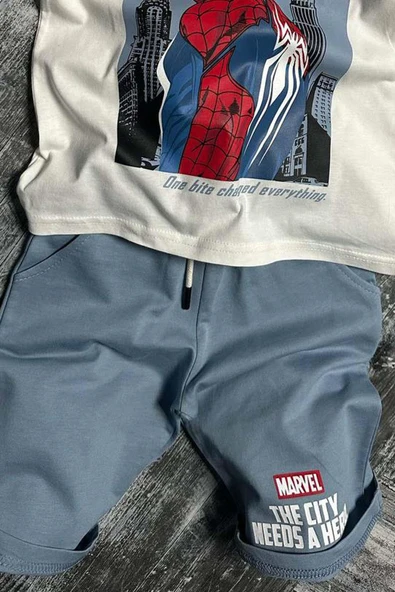 Erkek Çocuk Örümcek Ağı ve Digital Yazı Baskılı T-shirt İp Detaylı Mavi Şortlu Takım - Resim 3