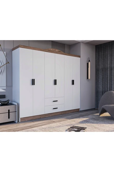 AYMOBSAN Bianca 6 Kapılı 2 Çekmeceli Gardrop Geniş Dolap & Elbise Dolabı Atlantik Çam & Beyaz - Resim 4