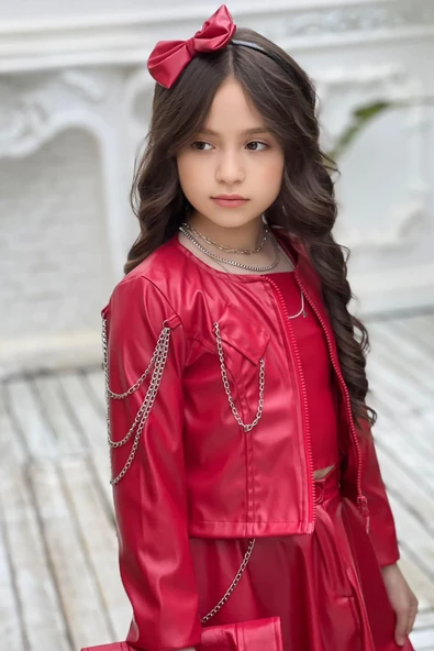 Kız Çocuk Zincir Detaylı Ceket Beli Manşetli Etek ve Croplu Kırmızı Etekli Takım - Resim 5