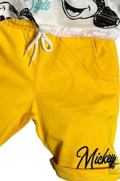 Erkek Çocuk Renkli Yazılar ve Karakter Baskılı Sarı Şortlu Takım - Resim 4