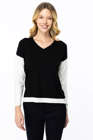 49316 ONTEKS İKİ RENKLİ ARKASI ÇİZGİLİ V YAKA KAZAK - Resim 2