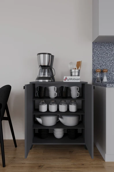 AYMOBSAN Seren 2 Kapaklı 4 Raflı Boy Dolabı Çok Amaçlı Dolap Kiler Dolabı Mutfak Dolabı Antrasit ürün görseli