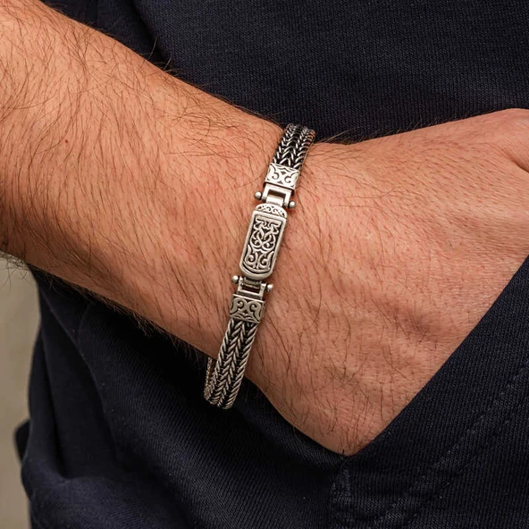 Gümüş Oksitli Desenli Erkek Bileklik - Resim 2