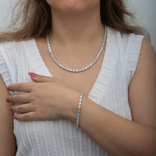 Gümüş Beyaz Taşlı Su Yolu Kadın Set - Resim 2