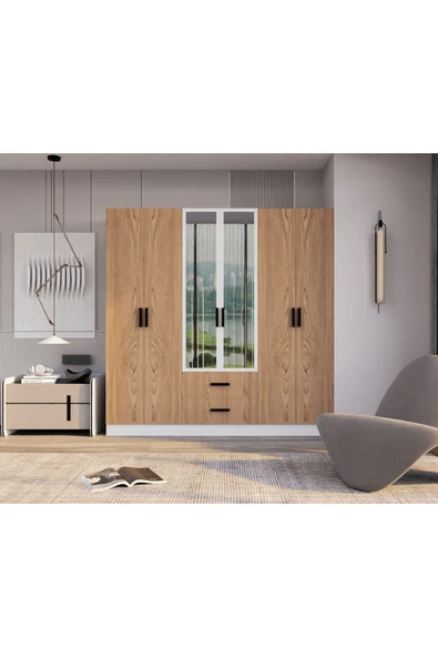 AYMOBSAN Valeria 6 Kapılı 2 Çekmeceli Gardrop Geniş Dolap & Aynalı Elbise Dolabı Atlantik Çam & Beyaz ürün görseli