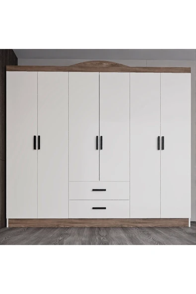 AYMOBSAN Bianca 6 Kapılı 2 Çekmeceli Gardrop Geniş Dolap & Elbise Dolabı Atlantik Çam & Beyaz - Resim 6