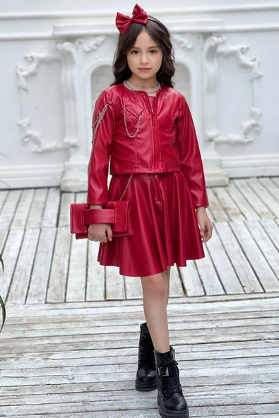 Kız Çocuk Zincir Detaylı Ceket Beli Manşetli Etek ve Croplu Kırmızı Etekli Takım - Resim 3