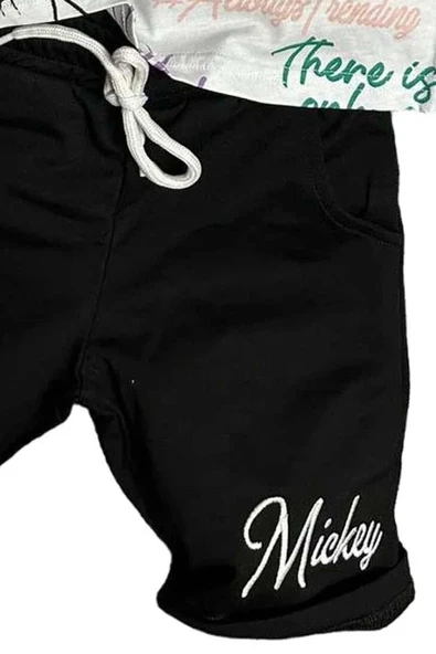 Erkek Çocuk Renkli Yazılar ve Karakter Baskılı Siyah Şortlu Takım - Resim 4