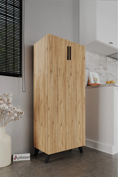 Kayra 2 Kapaklı 5 Raflı Boy Dolabı Çok Amaçlı Dolap Kiler Dolabı Mutfak Dolabı, Çam - Resim 3