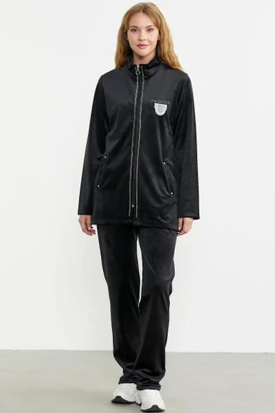 24K2238-76385 SEMENTA KADİFE DİK YAKA TUNİK EŞOFMAN TAKIM - Resim 2