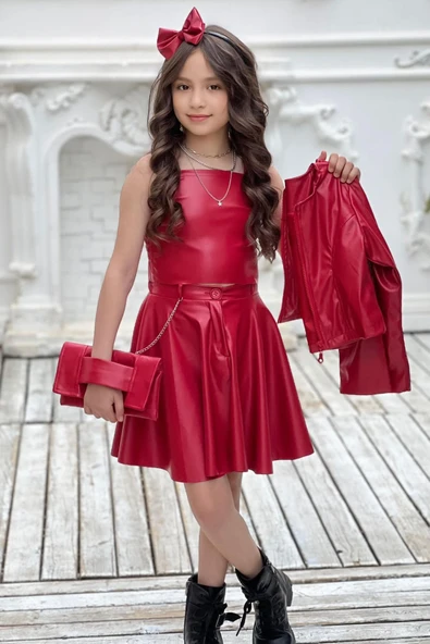 Kız Çocuk Zincir Detaylı Ceket Beli Manşetli Etek ve Croplu Kırmızı Etekli Takım - Resim 2