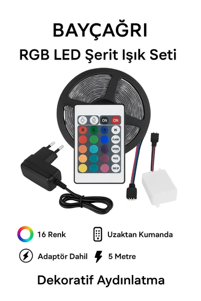 RGB LED Şerit Işık Seti 5 Metre – 16 Renk Uzaktan Kumandalı, Adaptör Dahil, Dekoratif Aydınlatma ürün görseli