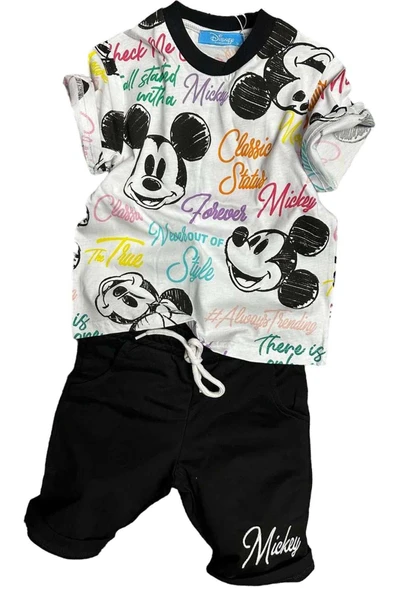 Erkek Çocuk Renkli Yazılar ve Karakter Baskılı Siyah Şortlu Takım ürün görseli