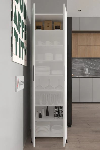 AYMOBSAN Aras 2 Kapaklı 8 Raflı Boy Dolabı Çok Amaçlı Dolap Kiler Dolabı Mutfak Dolabı Beyaz - Resim 3