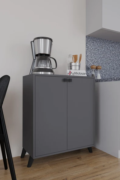 AYMOBSAN Seren 2 Kapaklı 4 Raflı Boy Dolabı Çok Amaçlı Dolap Kiler Dolabı Mutfak Dolabı Antrasit - Resim 3