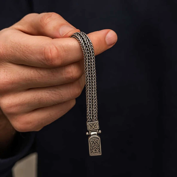 Gümüş Oksitli Desenli Erkek Bileklik - Resim 3