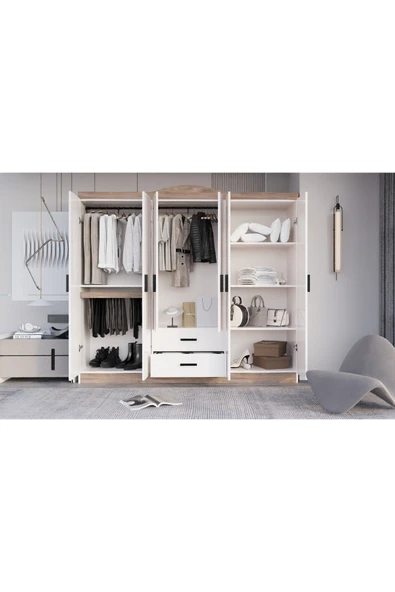 AYMOBSAN Bianca 6 Kapılı 2 Çekmeceli Gardrop Geniş Dolap & Elbise Dolabı Atlantik Çam & Beyaz - Resim 5